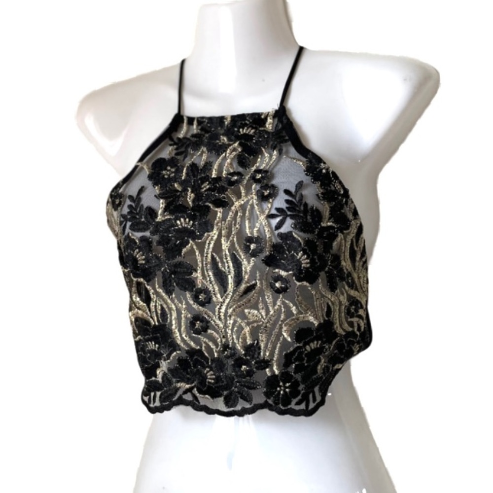 Lucy In The Sky Los Angeles black lace embroidered crop halter top small